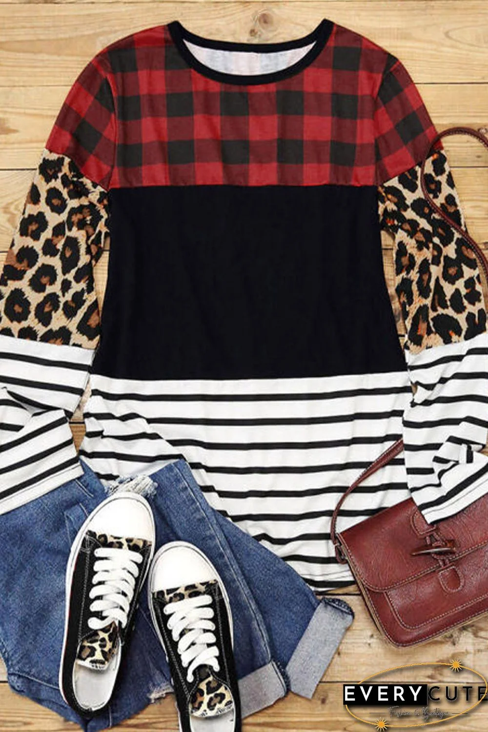 Plaid Print Leopard Splicing Striped Color Block Long Sleeve Top