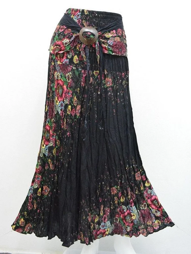 Vintage Floral Metal Buckle Elastic Waist Pleated Midi Skirt