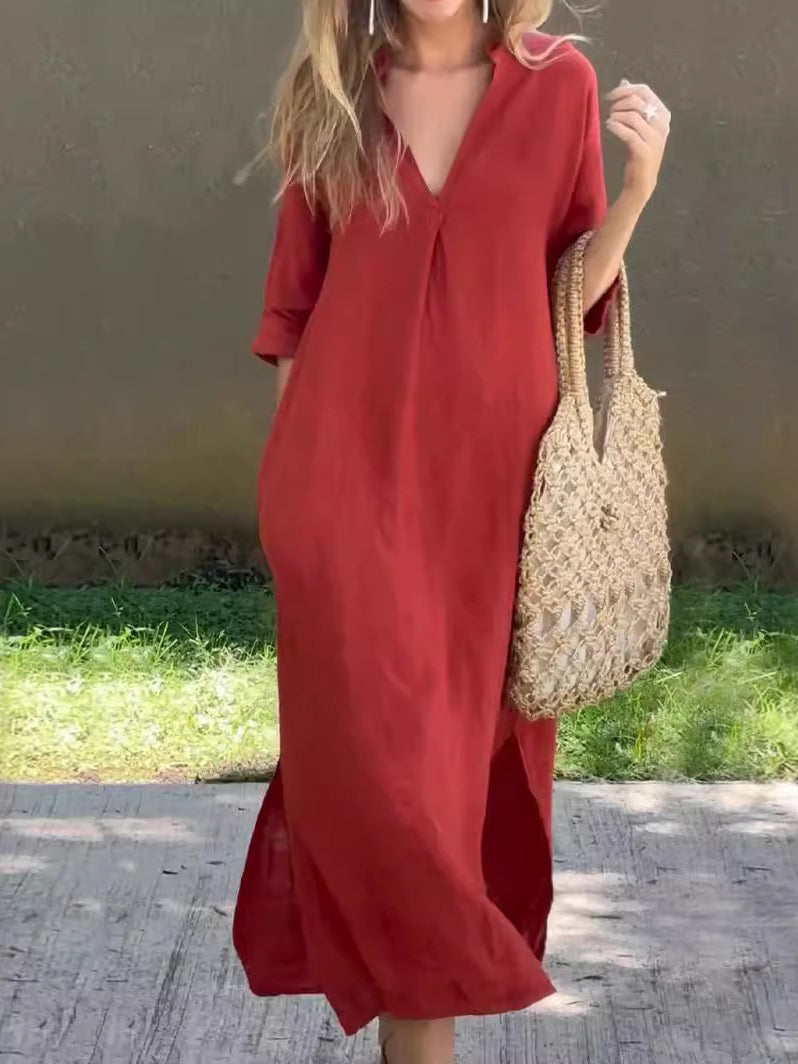 Women's Half Sleeve V-neck Solid Color Fold Midi Dress