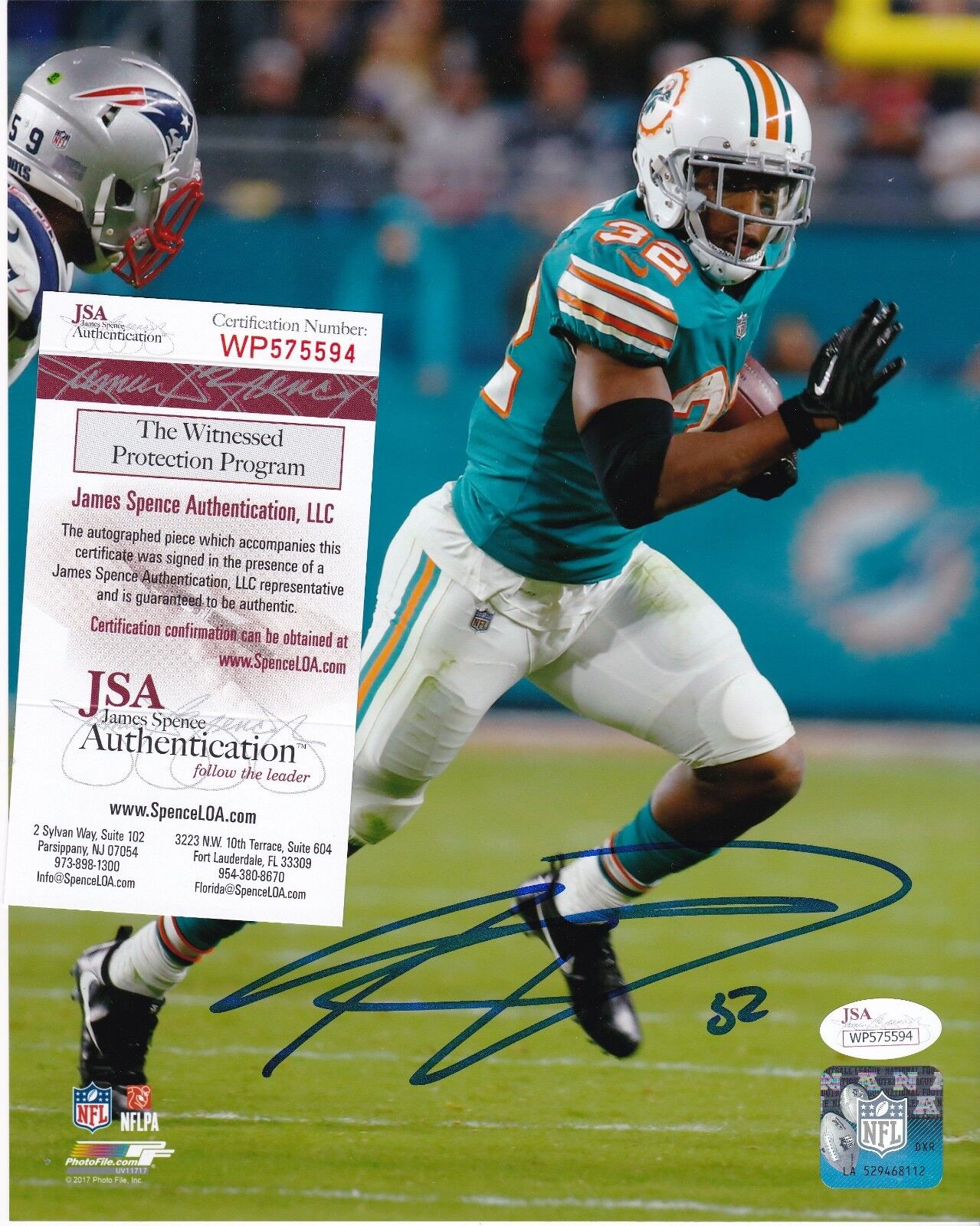 KENYAN DRAKE MIAMI DOLPHINS JSA AUTHENTICATED ACTION SIGNED 8x10