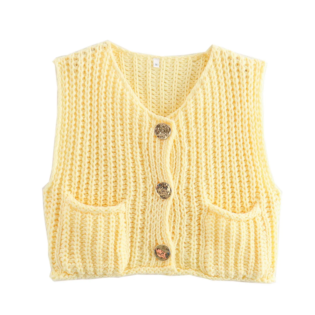 Nigikala Nigikala 2025 Spring And Autumn 2025 New Women's Pocket Sleeveless Short Knitted Cardigan Vest