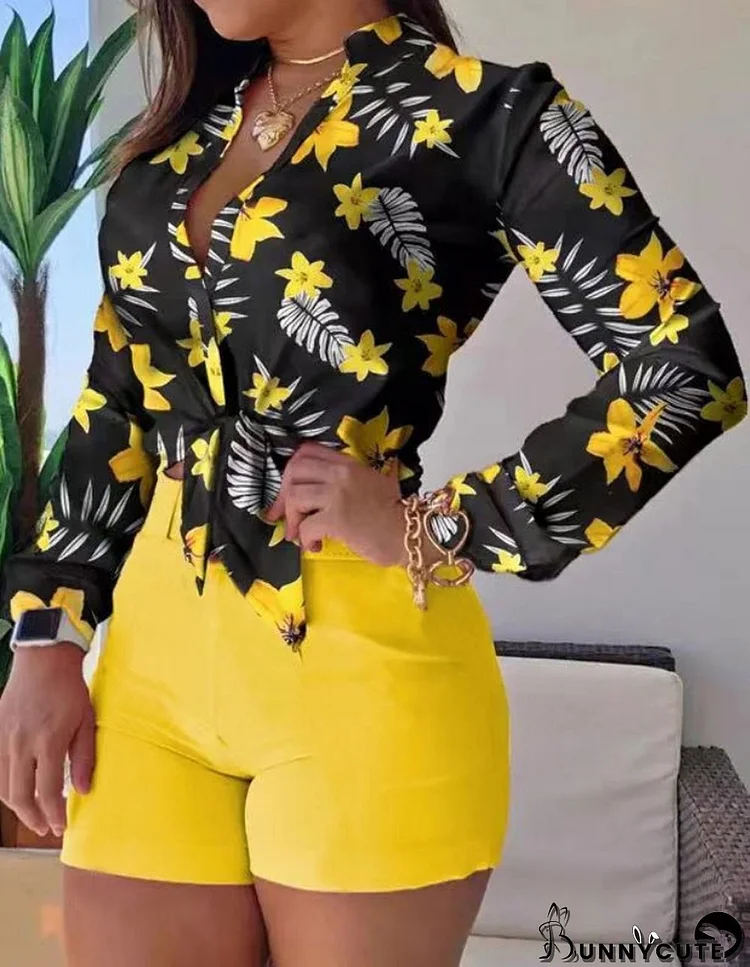 Summer Formal Print Yellow Long Sleeve Blouse and Plain Shorts 2 Piece Set