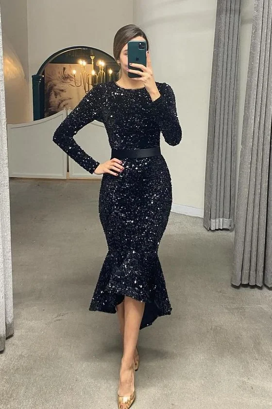Long Sleeves Mermaid Sequins Prom Dress Online With Belt PD0912