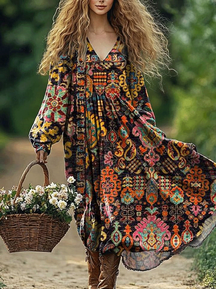 Women's Vintage Lovely Floral Art Print Pocket Cotton Dress