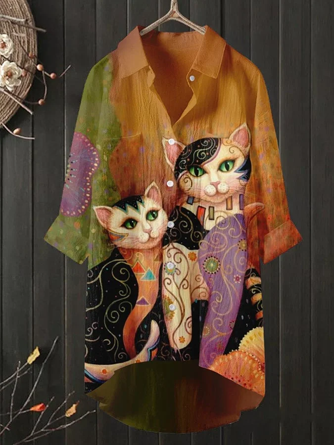 Casual Literary Cat Print Loose Blouse