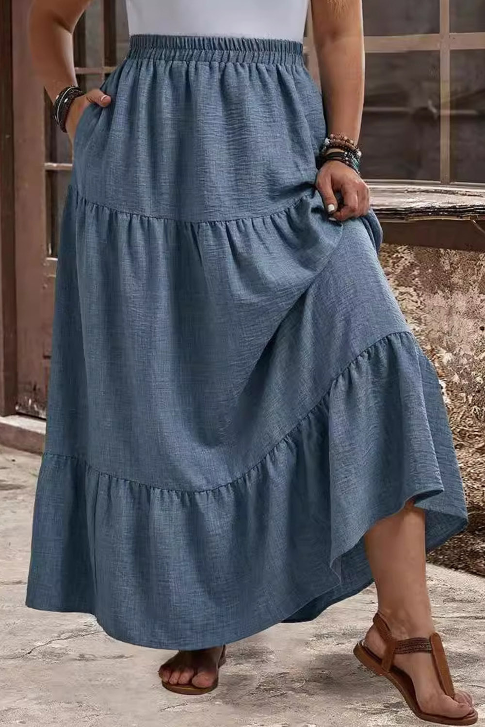 Plus Size Everyday Haze Blue Elastic Waist Pocket Tiered Maxi Skirt 2024 - Flycurvy 