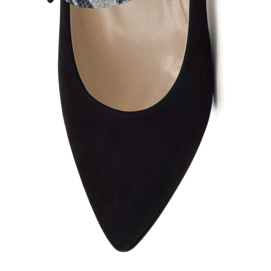 Faux Suede Pointed Toe Buckle Python Strap Heel Pumps in Black