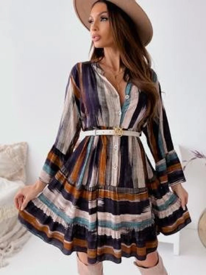 Fashion Tie Dyed V Neck Long Sleeve Dress