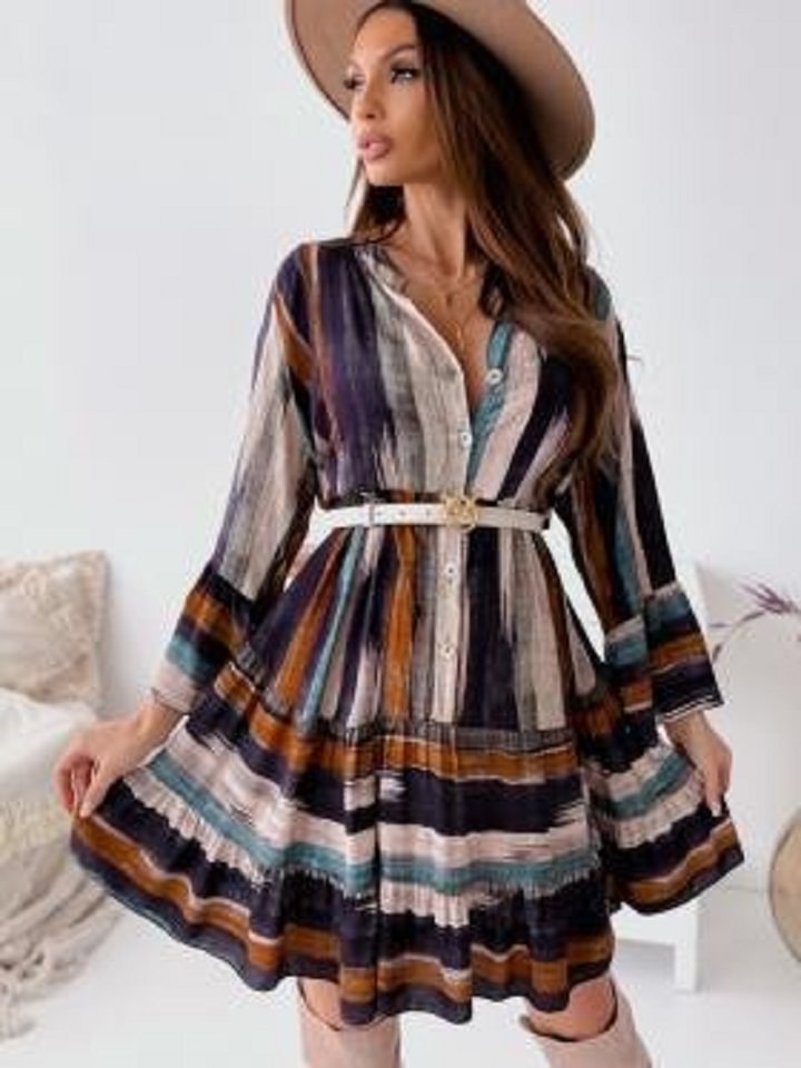 Fashion Tie Dyed V Neck Long Sleeve Dress | EGEMISS