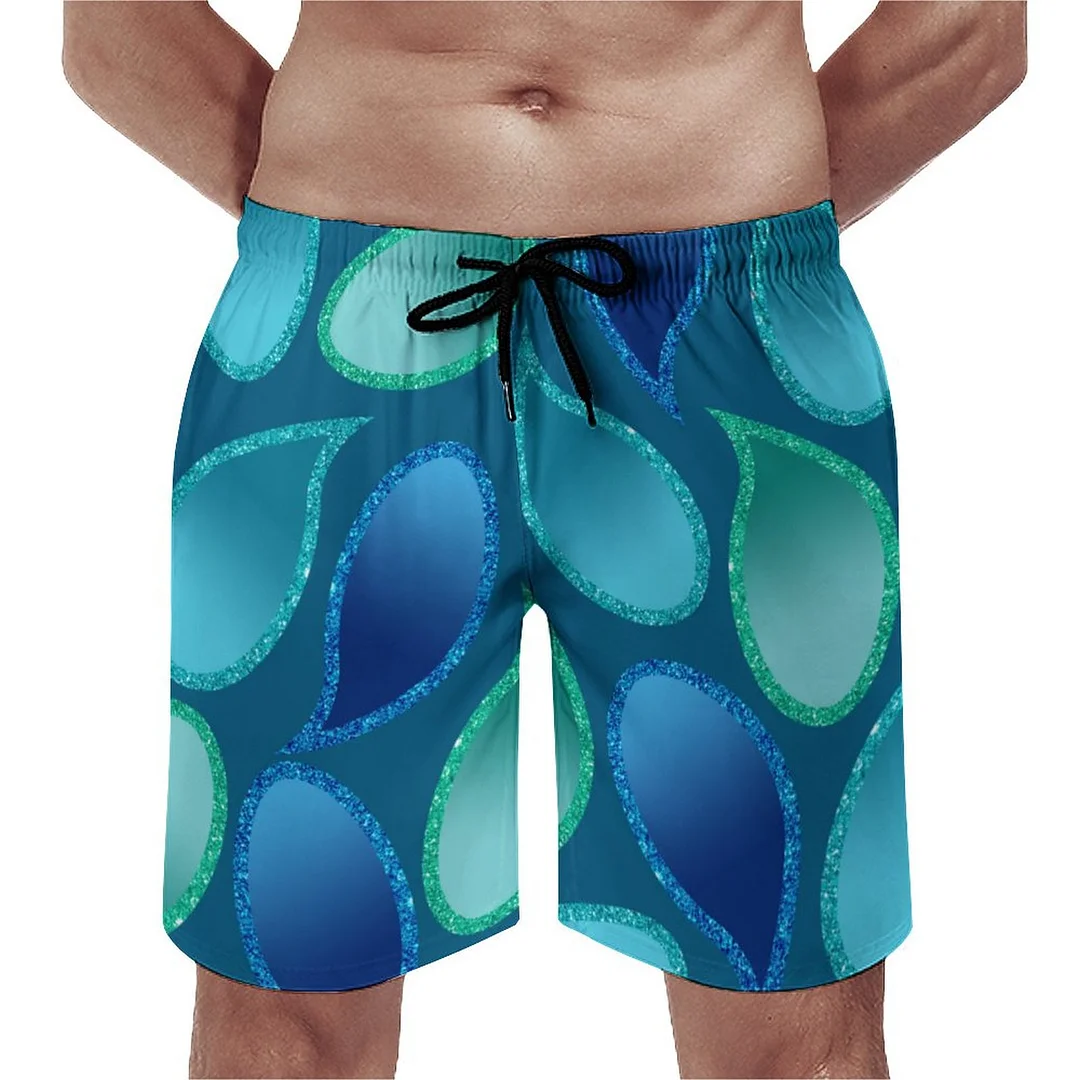 Abstract Blue Green Peacock Rain Drops Men's Swim Trunks Summer Board Shorts Quick Dry Beach Short with Pockets