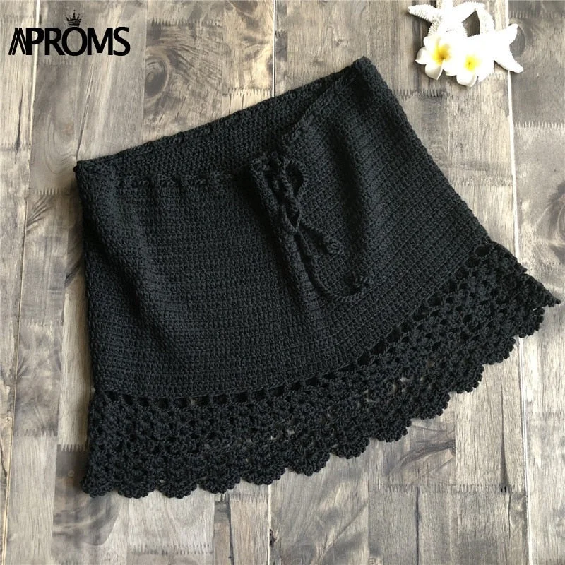 Aproms Elegant Handmade Cotton Crochet Mini Skirts Women Summer High Waist Bow Tie Skirt Ladies Beach Bikini Bottoms Saias 2022