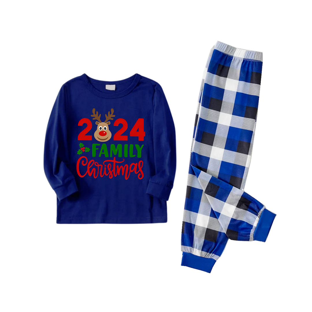 "Family Christmas 2024" Text and Deer Printed Blue and White Plaid Family Matching Pajamas
