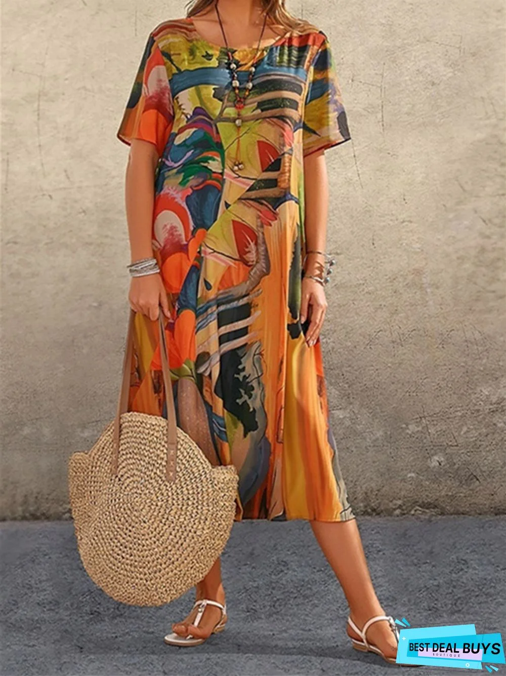Fashion Casual Print Dress Short Sleeved Beach Dress