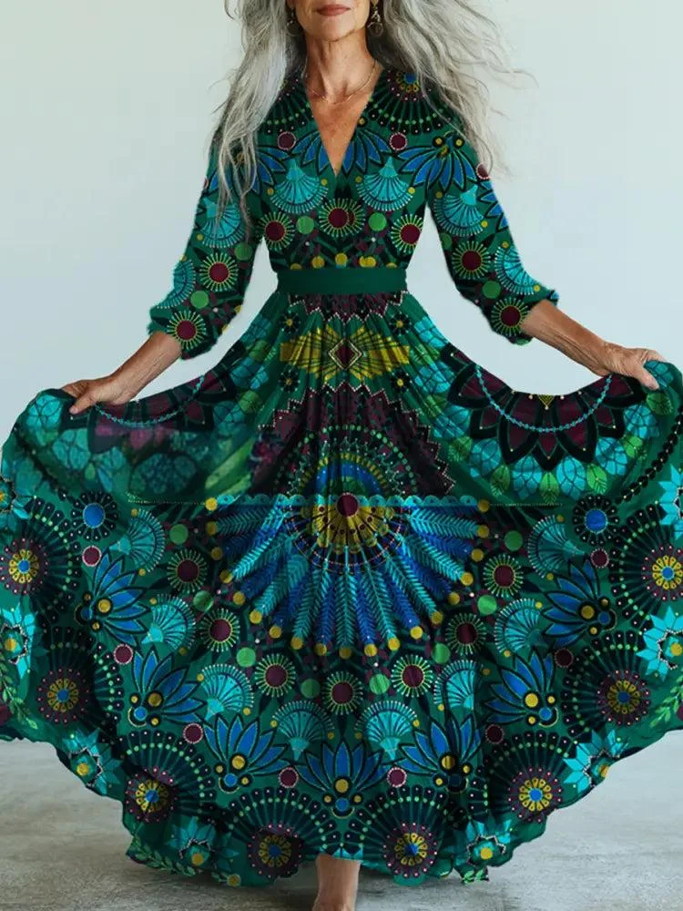 Retro Boho Floral Art Printed Vintage V-Neck Long Sleeves Midi Dress