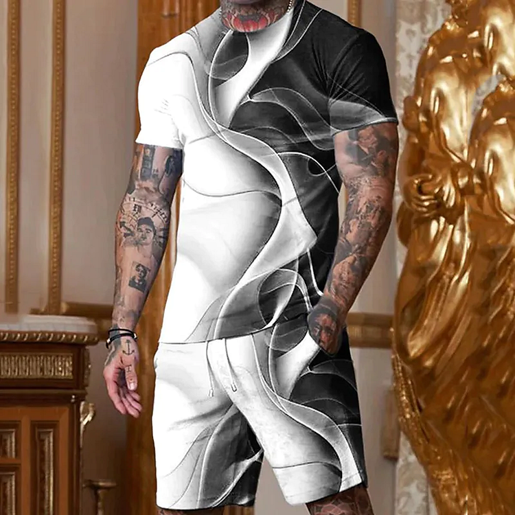 BrosWear Black And White Curve Graffiti Short Sleeve  T-Shirt  And Shorts Co-Ord