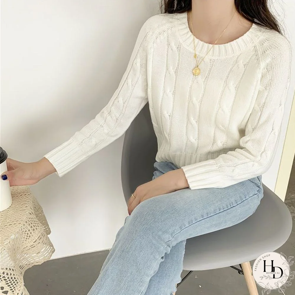 Chunky Braid Crew necks Twist Knit Pima Cotton Sweater Pullover