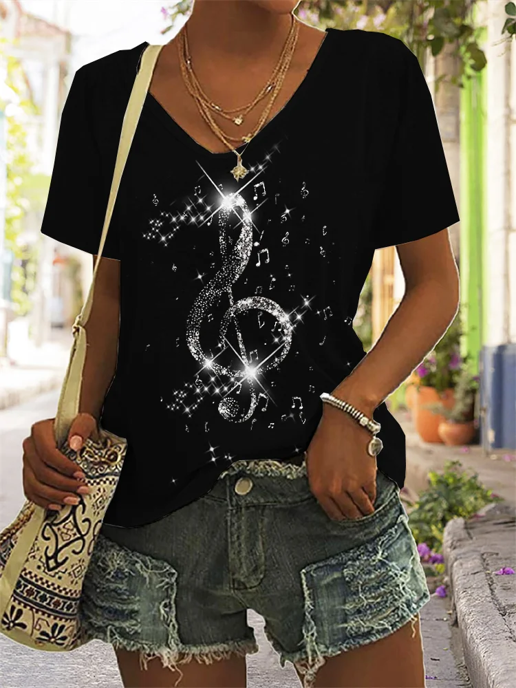 Glitter Treble Clef Art V Neck T Shirt