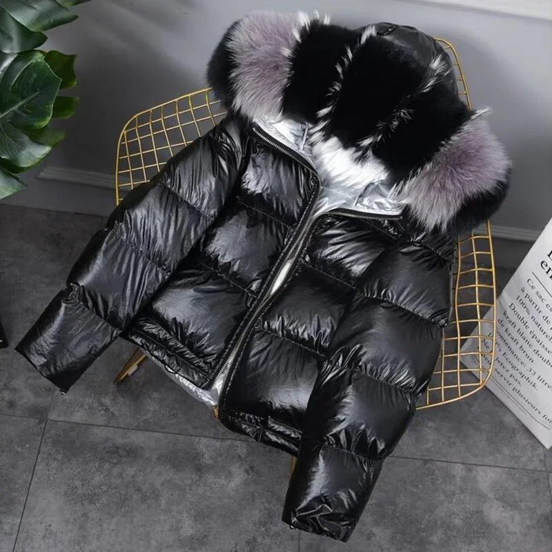 FTLZZ Winter Jacket White Duck Down Parkas Women Gold Silver Double Side Coat Big Aritificial Fur Hooded Female Down Oversize