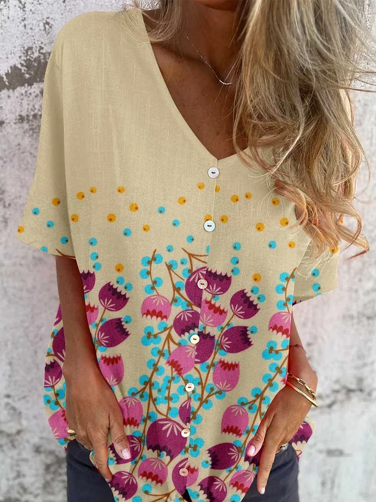 Women's Elegant Floral Shirt Style Cotton and Linen Top