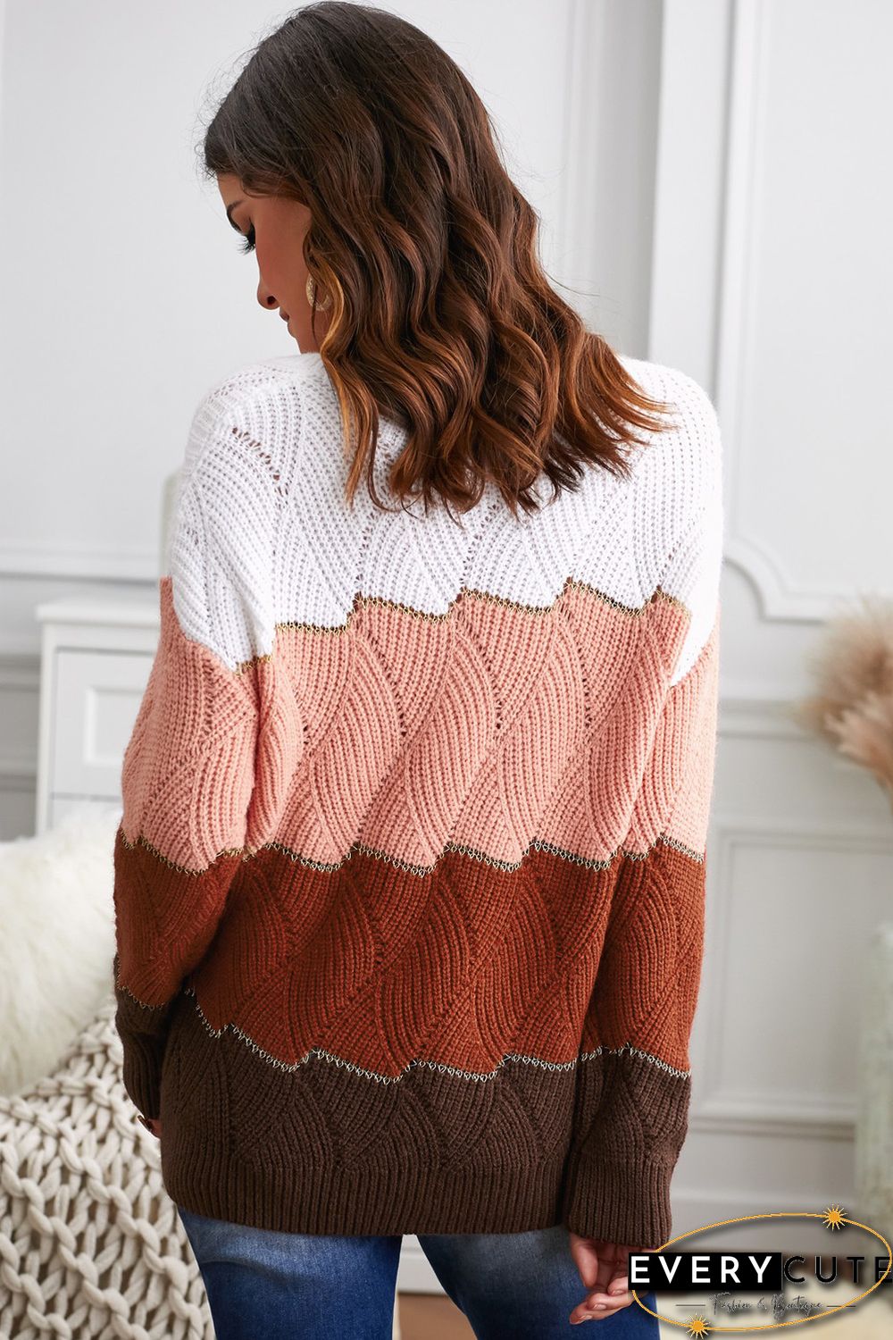 White V Neck Colorblock Textured Knit Sweater