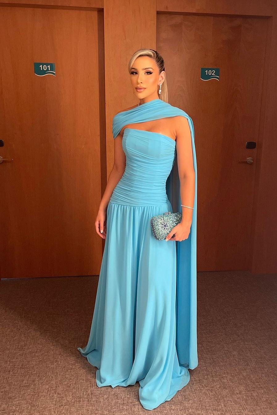Lvs&Broner Blue Sleeveless Strapless Long Pleated Prom Dress With Shawl
