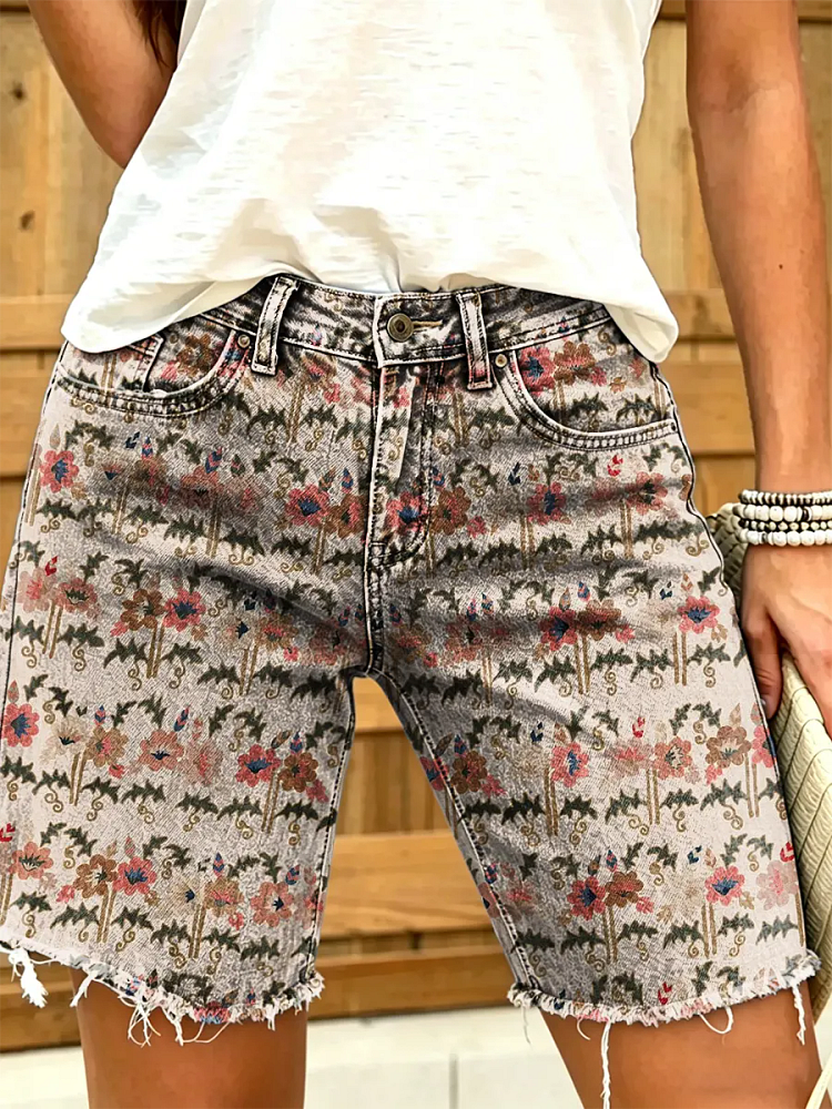 Ethnicity Flowers Totem Women's Art Print Casual Denim Shorts