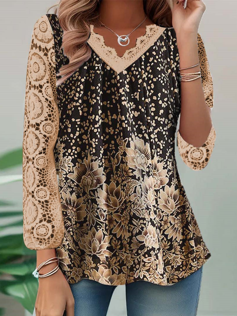 Women Long Sleeve V-neck Graphic Floral Printed Top