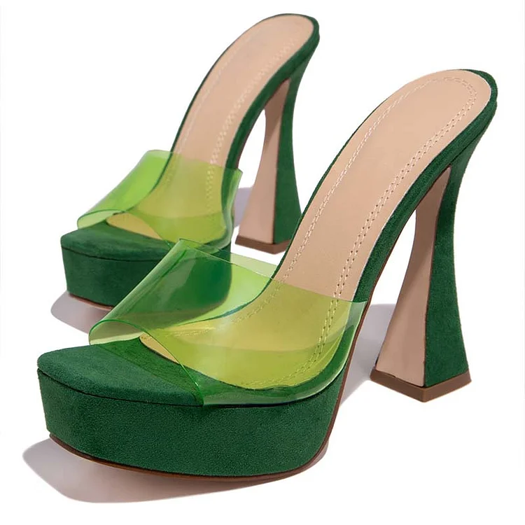 Green Vegan Suede Flared Heels Transparent Strap Platform Mules |FSJ Shoes