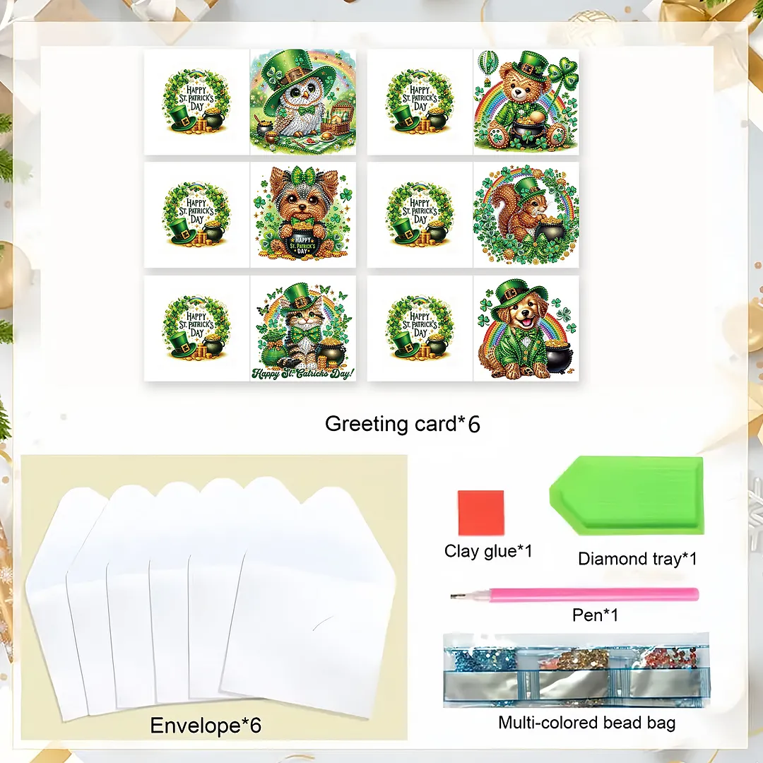6Pcs St.Patrick Day DIY Diamond Painting Greeting Card Set with Envelopes Diamond Art Handmade Cards for Beginner Adult Holiday Gifts