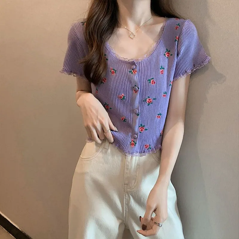 Uveng Uveng Bubble BM Broken Flower T-Shirt New Short Ins Lace Korean Version Sweet Renoval Sweet Sleeve T-Shirt