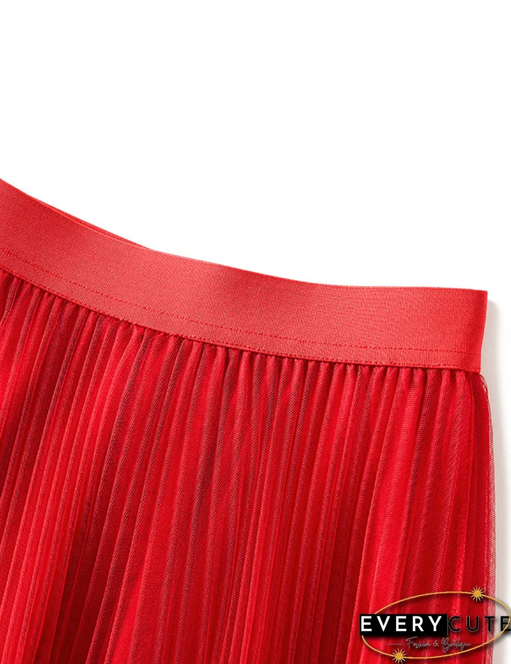Red Swing Pleated Mid-length Gauze Skirt