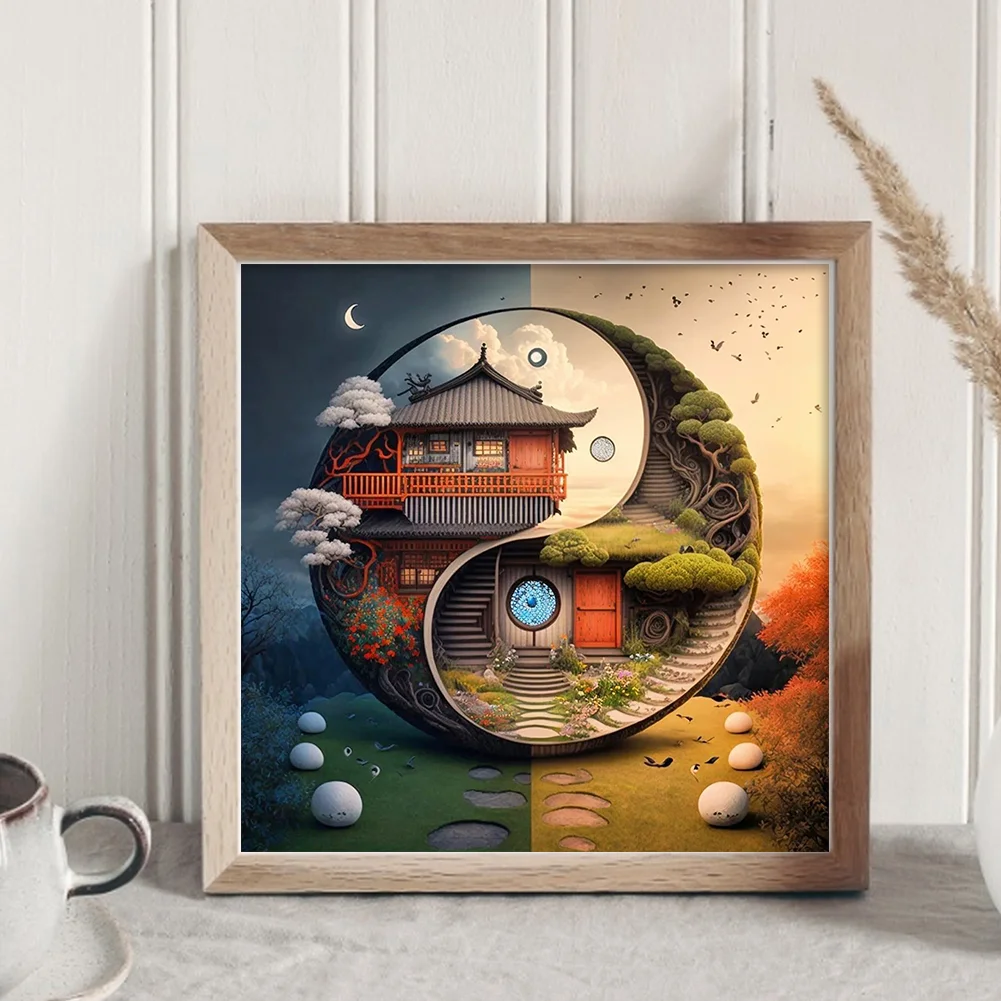 DIY Stamped Cross Stitch 11CT Full Embroidery 45*45cm - Tai Chi Diagram-Landscape Cabin