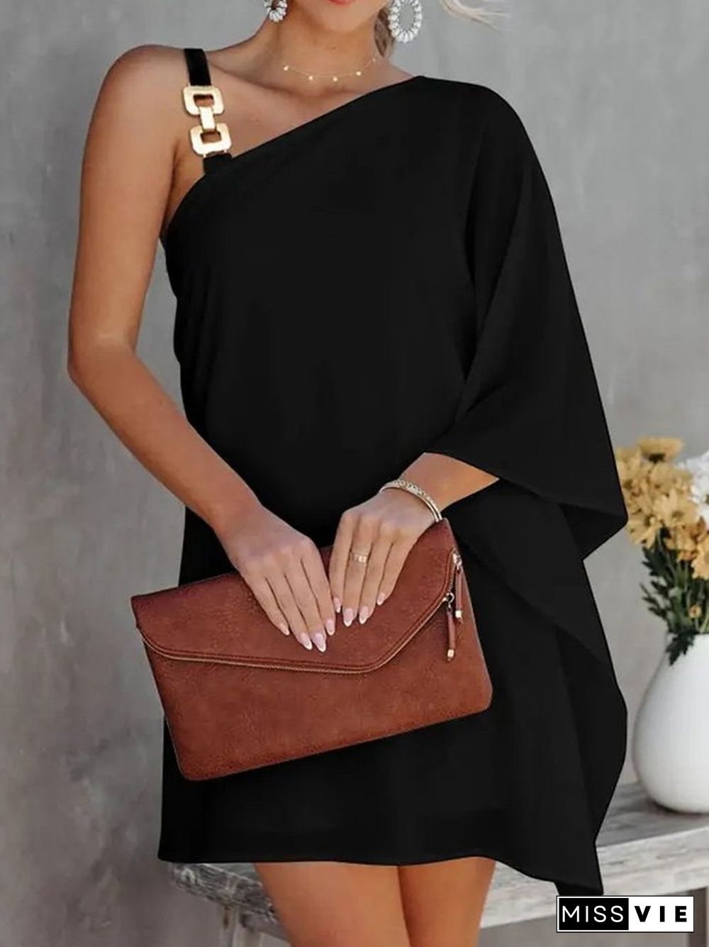 Bat Sleeve Off Shoulder Metal Suspender Dress for Women