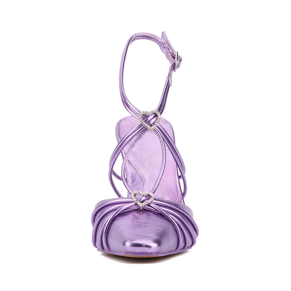 Metallic Purple Pointed Toe Buckled Flared High Heels for Women