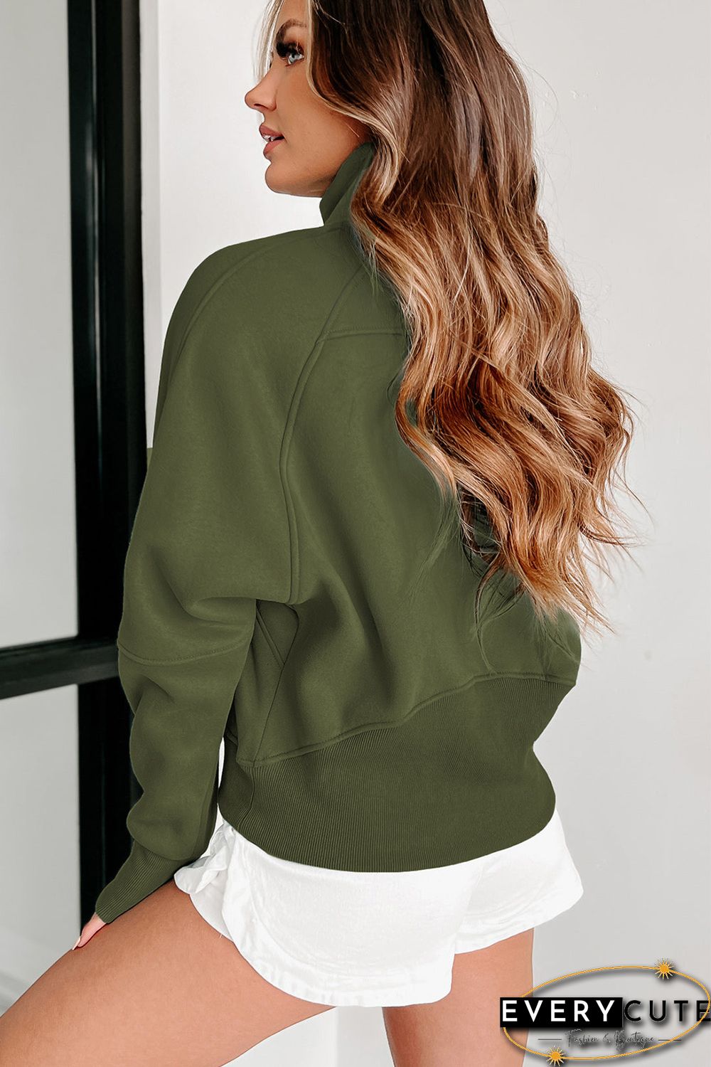 Green Zip Up Stand Collar Ribbed Thumbhole Sleeve Sweatshirt