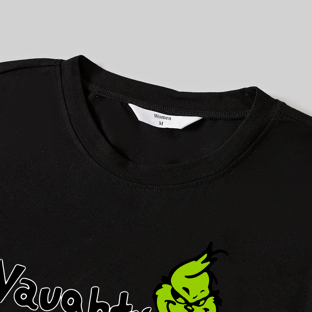 Christmas Cartoon Pattern and Text Print Black Long Sleeve Top with Green and Black Plaid Family Matching Pajamas