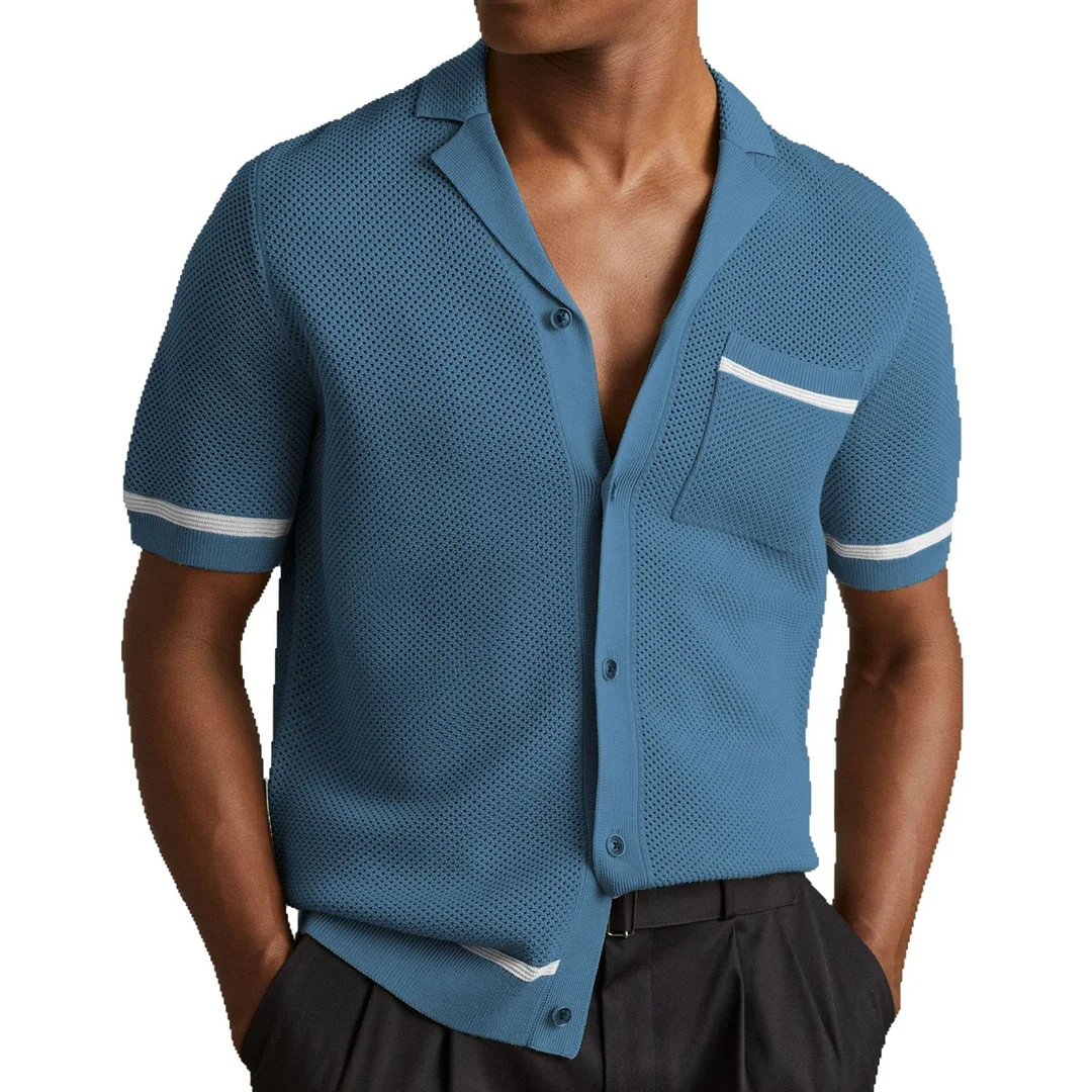 Nigikala Men's Sexy Hollow Men's Knitted Summer Cuban Collar Short-Sleeved Polo Shirt SY0103