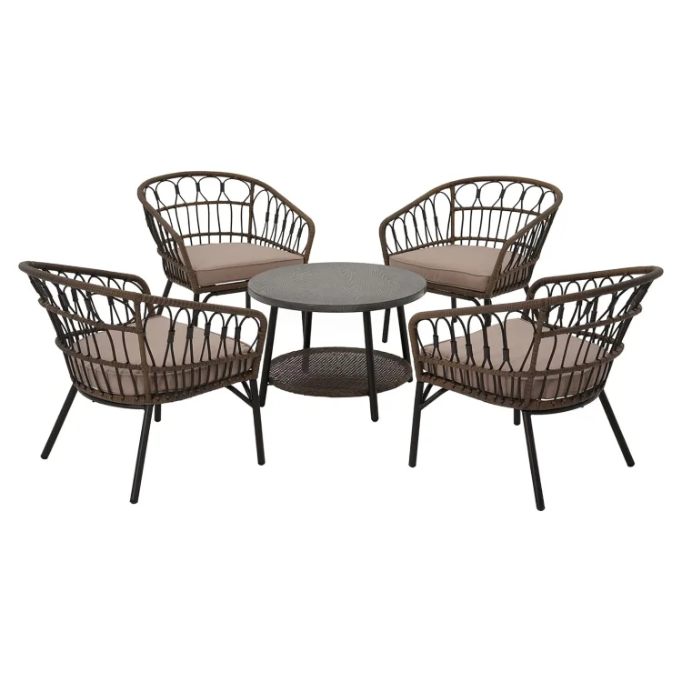 GRAND PATIO Outdoor Tully 5-Piece Steel All-Weather Wicker Boho Chat Set with Cushion, Outdoor Bistro Set with Chairs & Round Table for Balcony, Patio, Deck, Tan