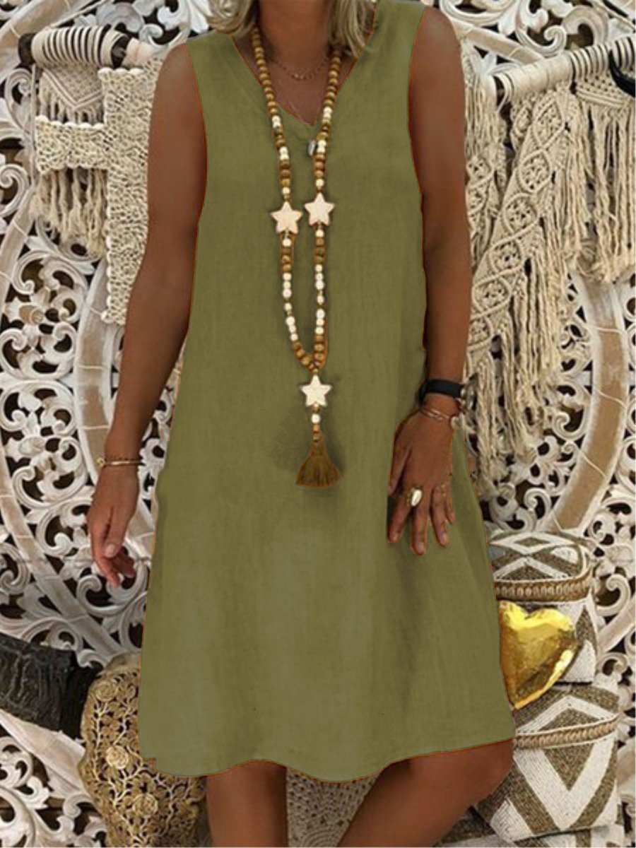 Ladies Cotton Linen V-Neck Sleeveless Tank Dress