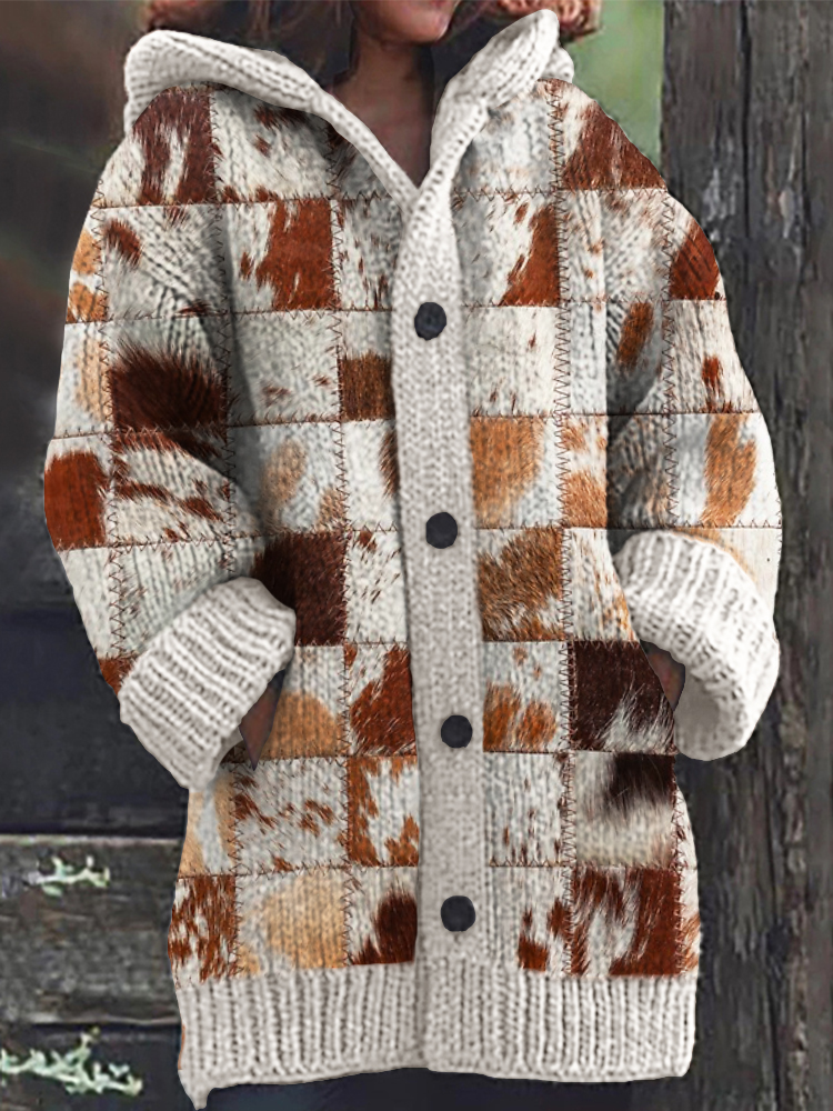 Cowhide Patchwork Art Cozy Knit Hooded Cardigan
