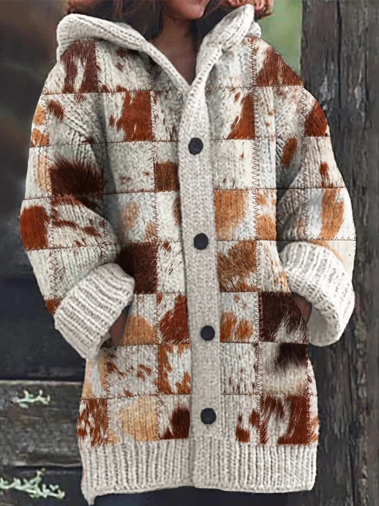 Cowhide Patchwork Art Cozy Knit Hooded Cardigan