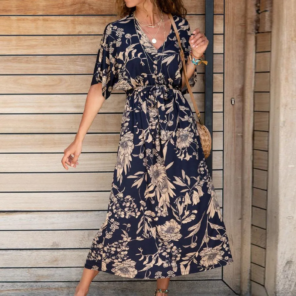Simple V-Neck Short Sleeve Midi Dress-vocosishoes