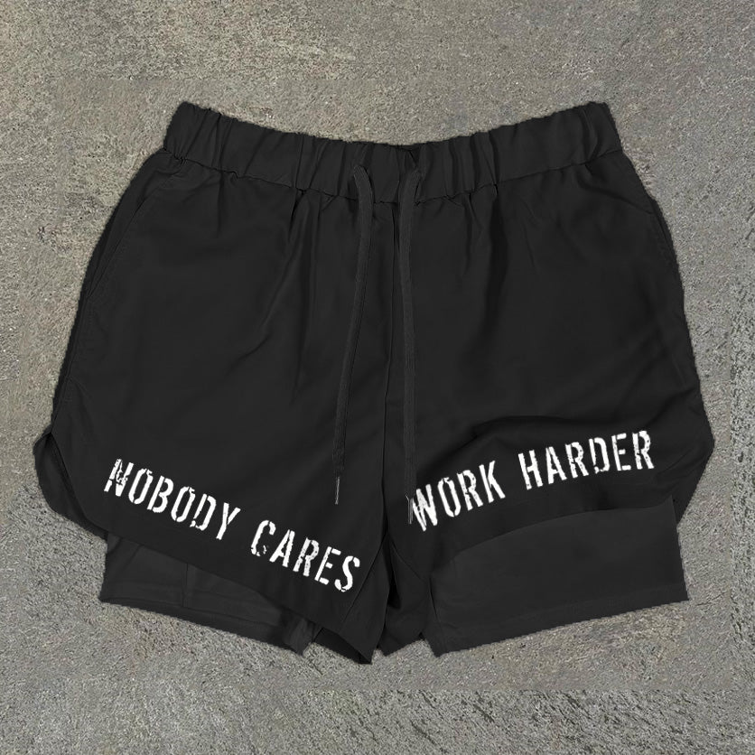 Sopula Vintage Nobody Cares Work Harder Graphic Performance Double Layer Quick Dry Shorts - SOPULA