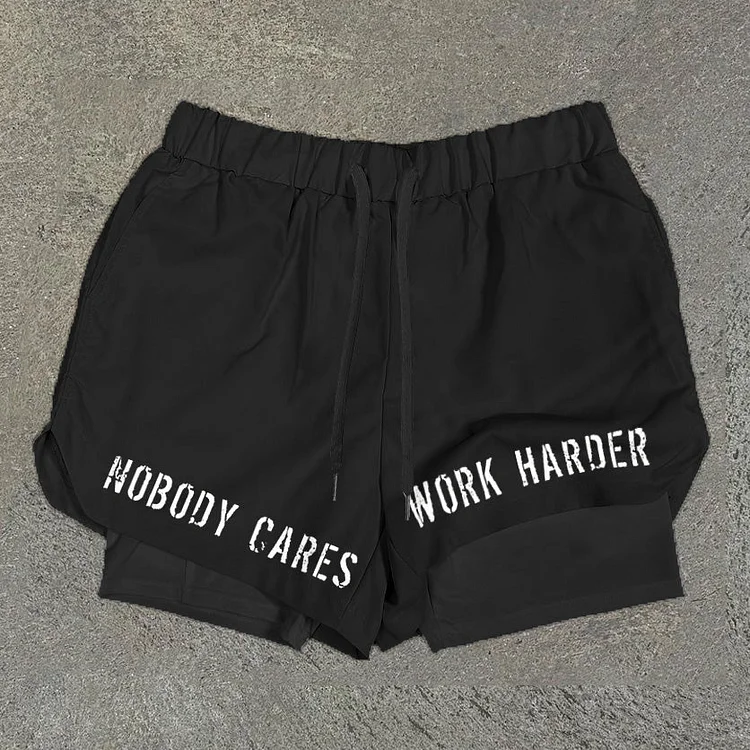 Vintage Nobody Cares Work Harder Graphic Performance Double Layer Quick Dry Shorts SOPULA