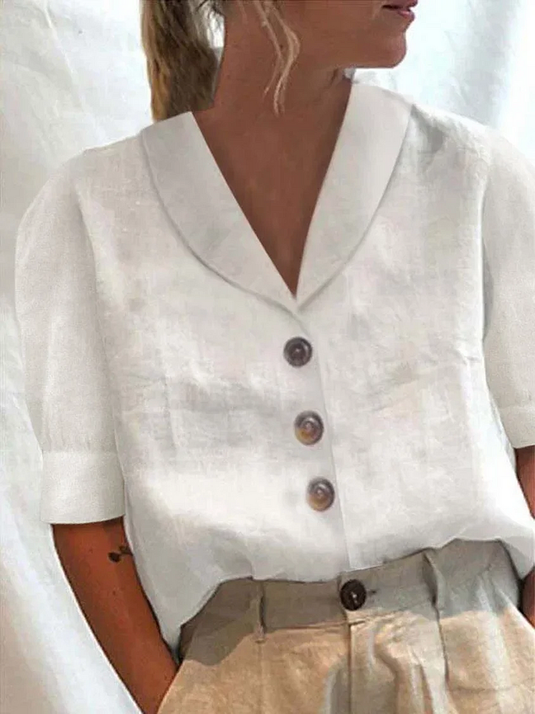 Blouses Femmes Bloc de Couleur Été en Lin Boutonné Naturel Coton Et Lin Manches Courtes Droit Régulier
