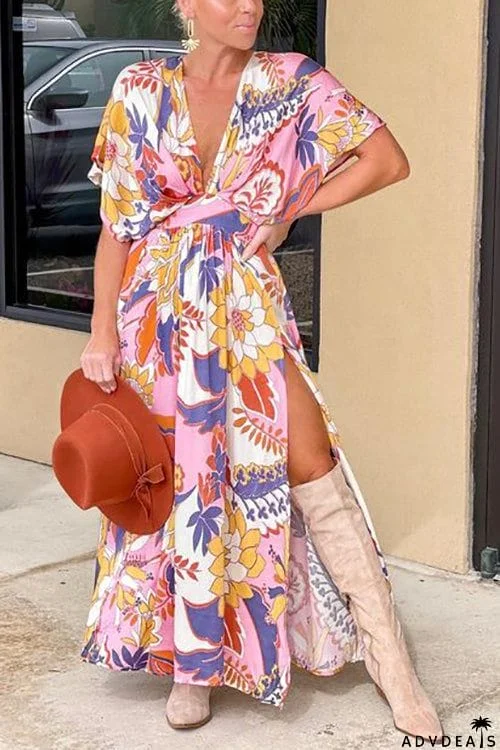 Like Palm Side Slit Bat Maxi Dress