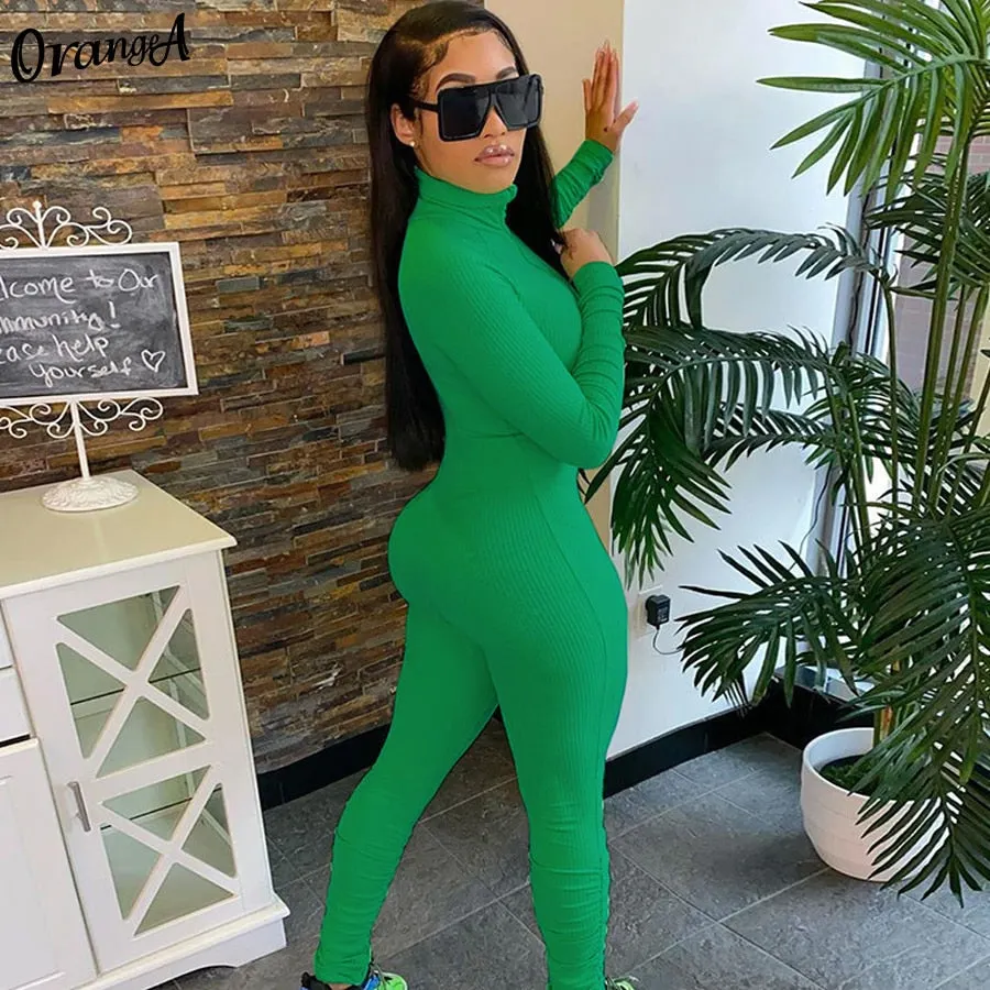 OrangeA Women Ribbed Summer Activewear Skinny Stacked Jumpsuits Zipper Stretchy Turtleneck Fitness Workout Casual Streetwear