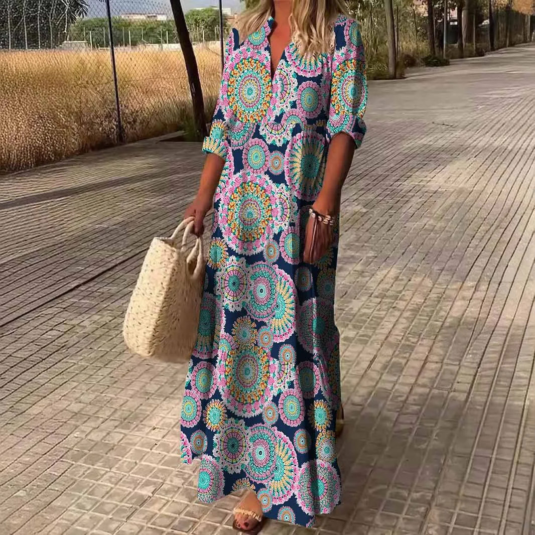 Women Pink, Floral, Retro DZDN0865 SPU Printed Long Sleeve V-neck Maxi Dress