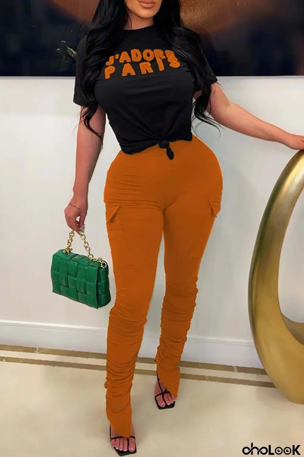 Orange Casual Letter Print Patchwork O Neck Short Sleeve Two Pieces