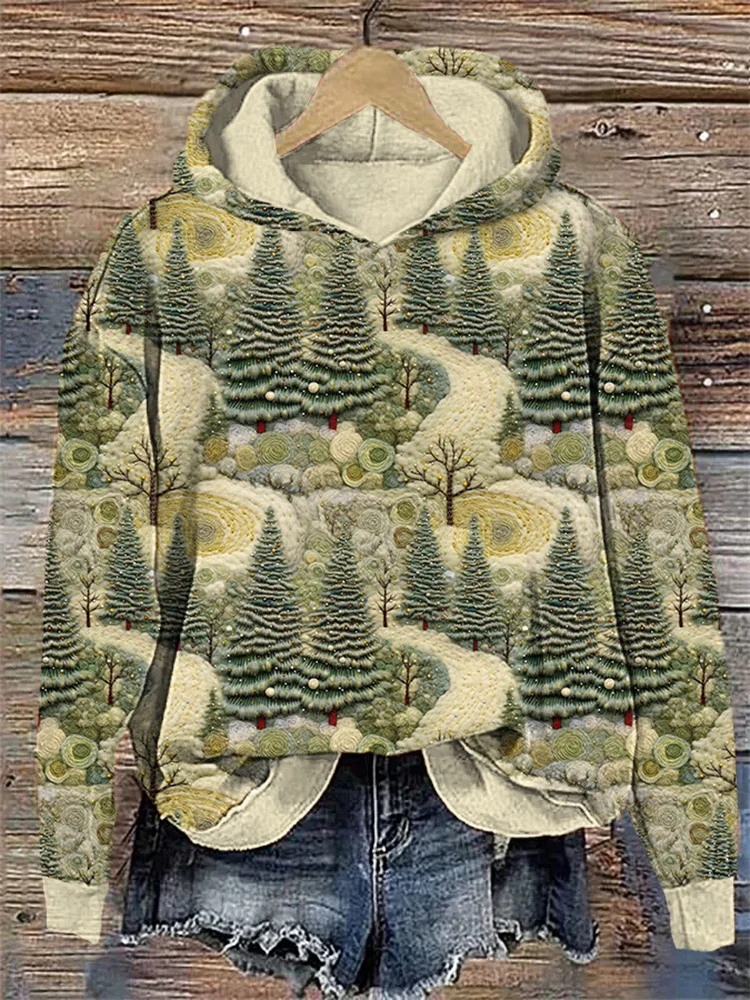 🔥kukelife🔥Green Forest Embroidered Art Print Casual Sweatshirt